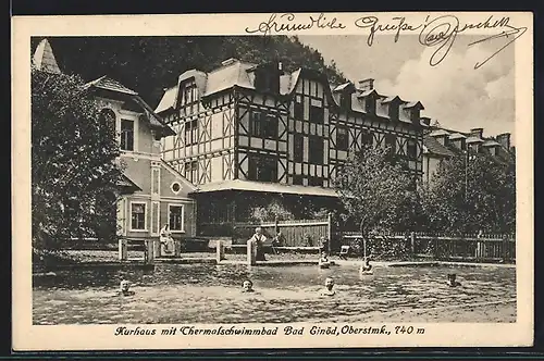 AK Bad Einöd, Kurhaus mit Thermalschwimmbad und Kurgästen