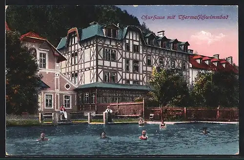 AK Bad Einöd, Churhaus mit Thermalschwimmbad und Kurgästen im Wasser