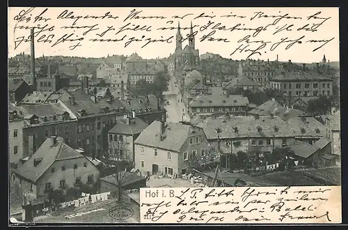 AK Hof i. B., Stadtansicht mit Kirche und Hinterhöfen