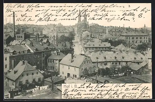 AK Hof i. B., Stadtansicht mit Kirche und Hinterhöfen