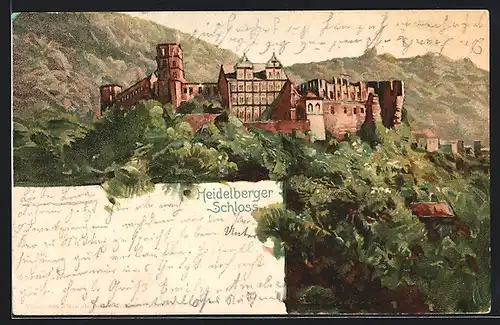 Lithographie Heidelberg, Totalansicht vom Heidelberger Schloss