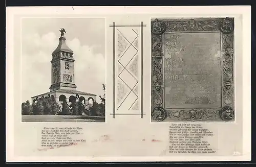 AK Starnberg, Blick auf den Bismarkturm und Steintafel