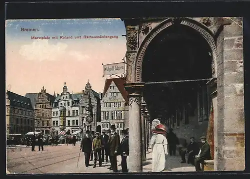 AK Bremen, Marktplatz mit Roland und Rathaussäulengang