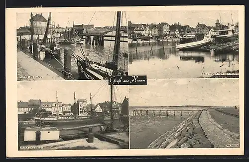 AK Husum, Partie am Hafen, Stadtblick von der Werft, Hafen und Stadt, Am Deich