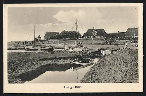 AK Hallig Oland, Ortsansicht, Fischerboote