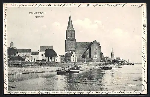 AK Emmerich, Rheinufer mit Booten und Kirche