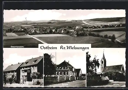 AK Ostheim b. Melsungen, Gesamtansicht, Gemischtwaren H. Blickel, Schule, Kirche