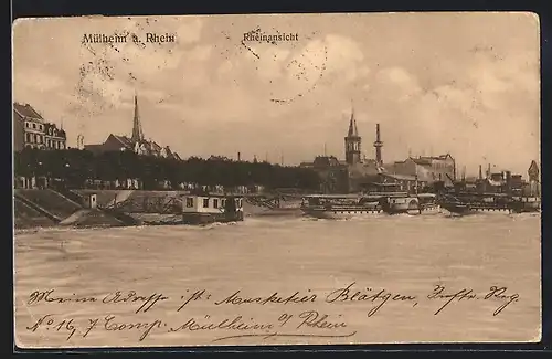 AK Mülheim a. Rhein, Rheinansicht mit Dampfern