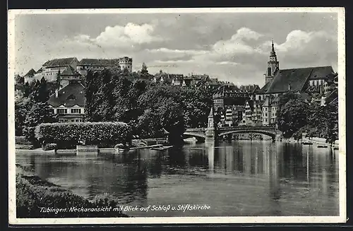 AK Tübingen, Neckaransicht mit Blick auf Schloss und Stiftskirche