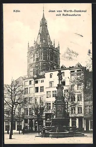 AK Köln, Jean von Werth-Denkmal mit Rathausturm