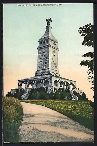 AK Starnberg, Bismarckdenkmal am Starnberger See, mit Zugangsweg