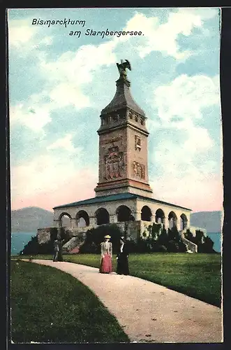 AK Starnberg, der Bismarckturm am Ufer des Starnberger Sees