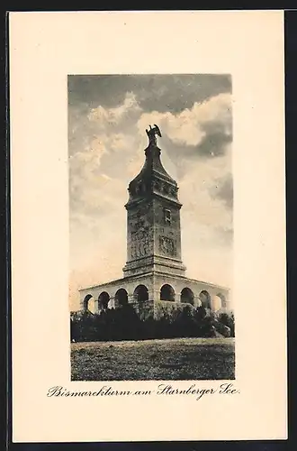 AK Starnberg, Bismarckdenkmal unter bewölktem Himmel