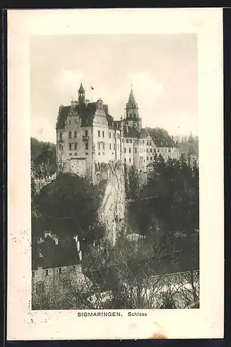 AK Sigmaringen, Schloss mit Anlagen aus der Vogelschau
