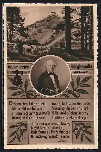 AK Rottenburg, Wurmlinger Bergkapelle, Gedicht, Portrait Dr. Uhland