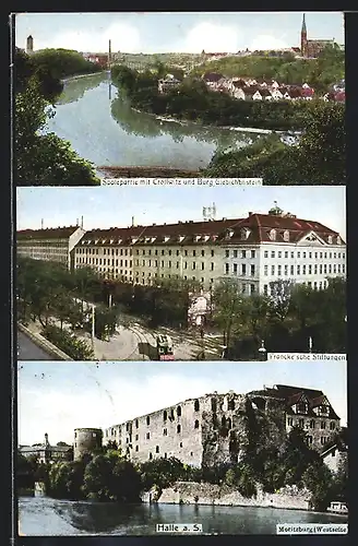 AK Halle a. Saale, Franckesche Stiftungen, Saalepartie mit Cröllwitz und Burg Giebichenstein, Ruine der Moritzburg