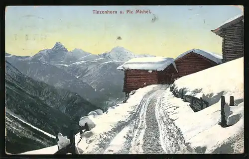 AK Bergün, Tinzenhorn, Schneebedeckte Berghütte und Piz Michel