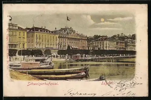 Mondschein-AK Luzern, Der Schweizerhofquai im Vollmondlicht