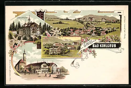 Lithographie Bad Kohlgrub, Gasthaus von Joh. Ambos am Marktplatz, Lindenschlösschen, Villa Bellavue, Totalansicht