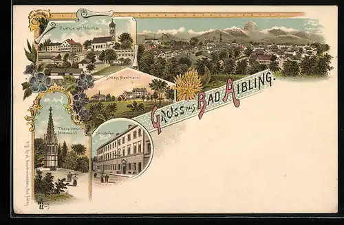 Lithographie Bad Aibling, Schuhbräu, Theresien Monument, Partie mit Kirche