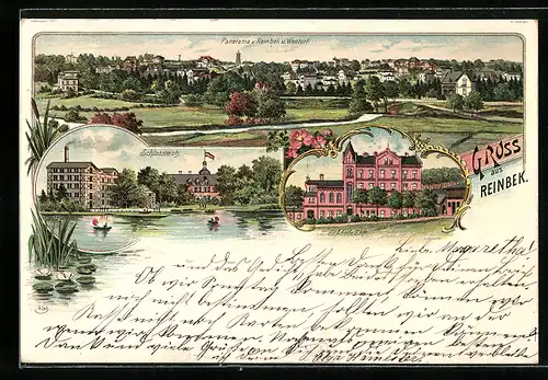 Lithographie Reinbek, Panorama, Schlossteich, St. Adolfs-Stift