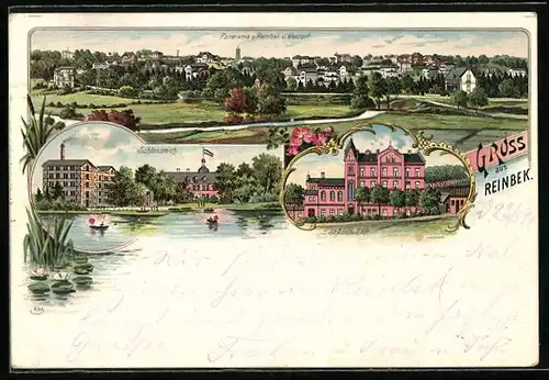 Lithographie Reinbek, Panorama, Schlossteich, St. Adolfs-Stift