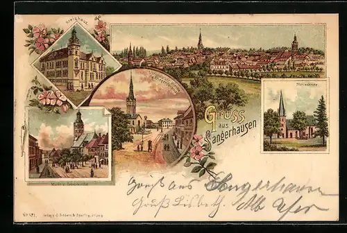 Lithographie Sangerhausen, Kreishaus, Ulrichsplatz, Ortsansicht