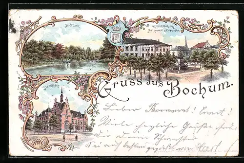 Lithographie Bochum, Ständehaus, Wilhelmsplatz mit dem Amtsgericht und Kriegerdenkmal, Stadtpark