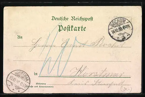 Lithographie Bochum, Ständehaus, Wilhelmsplatz mit dem Amtsgericht und Kriegerdenkmal, Stadtpark