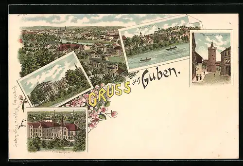 Lithographie Guben, Ortsansicht aus der Vogelschau, Weisse Berge, Kreishaus