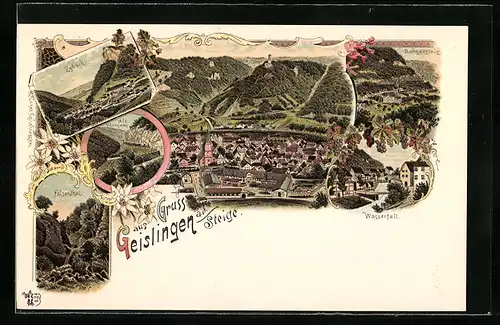 Lithographie Geislingen a. d. Steige, Eybach, Felsenthal, Wasserfall
