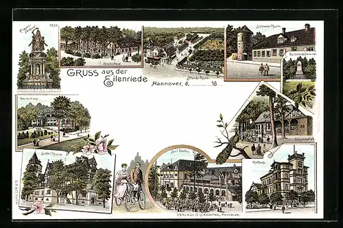 Lithographie Hannover, Eilenriede, Gasthaus Bischofshol, Döhrener Turm, Steuerndieb, Kurhaus, Zoologischer Garten