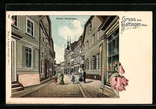 Lithographie Hattingen / Ruhr, Blick in die Grosse Weilstrasse