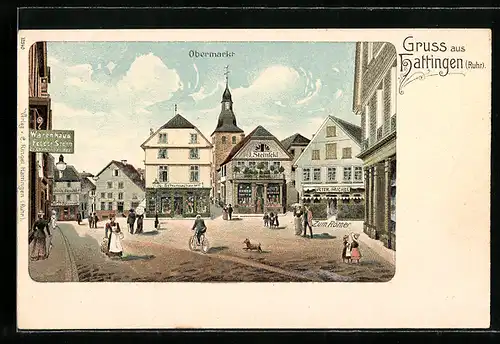 Lithographie Hattingen an der Ruhr, Blick in den Obermarkt, Warenhaus Feodor Stern