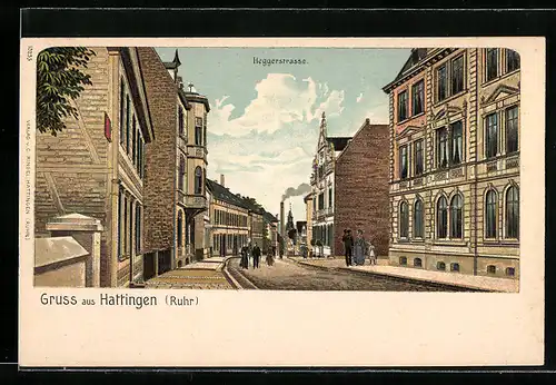 Lithographie Hattingen / Ruhr, Heggerstrasse mit Passanten