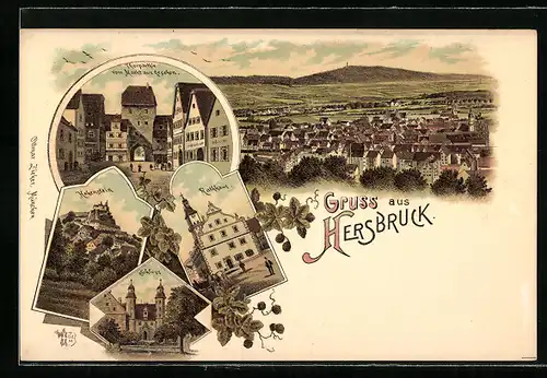 Lithographie Hersbruck, Blick auf Schloss, Rathaus, Thor und Hohenstein, Ortsansicht