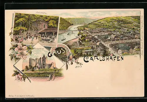 Lithographie Carlshafen, Gasthaus Juliushöhe, Kruckenburg, Ortsansicht