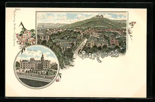 Lithographie Coburg, Ansicht der Ehrenburg, Ansicht der Stadt