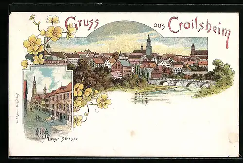 Lithographie Crailsheim, Stadt-Panorama mit Brücke, Lange Strasse