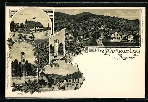 Lithographie Zwingenberg /Bergstrasse, Gasthof zum Löwen, Amtsgericht, Ortsansicht, Kriegerdenkmal