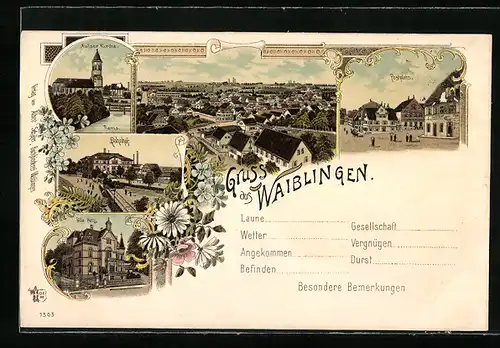 Lithographie Waiblingen, Teilansicht, Bahnhof, Villa Hess, Postplatz