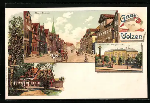 Lithographie Uelzen, Gasthaus Fischerhof, Realgymnasium mit Kriegerdenkmal, Gude-Strasse