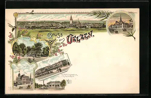 Lithographie Uelzen, Fischerhof, kaiserl. postamt, Bahnhof, Rathaus