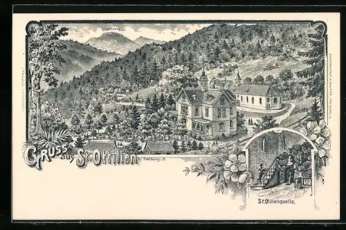 Lithographie St. Ottilien b. Freiburg, Ortspartie mit Schönberg, St. Otilienquelle