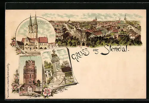 Lithographie Stendal, Rathaus mit Roland u. St. Marien-Kirche, Unglinger Tor, Nachtigal-Denkmal