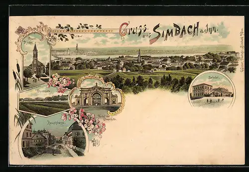 Lithographie Simbach, Bahnhof, Hauptstrasse, Portal der Innbrücke, Pfarrkirche, Totalansicht, Innbrücke