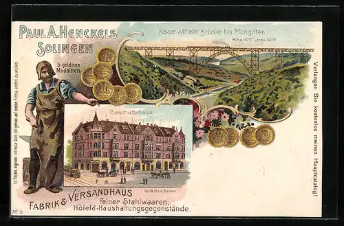 Lithographie Solingen, Stahlwaren Paul A. Henckels, Geschäftshaus, Schmied, Kaiser Wilhelm-Brücke bei Müngsten
