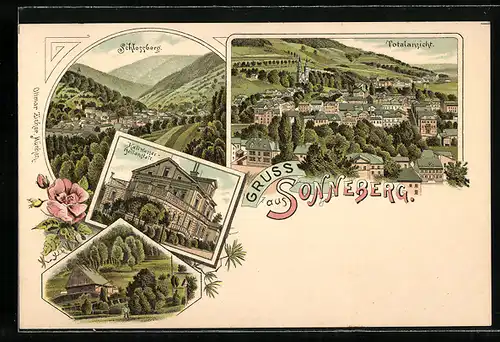 Lithographie Sonneberg, Totalansicht, Schlossberg, Kaltwasser-Heilanstalt