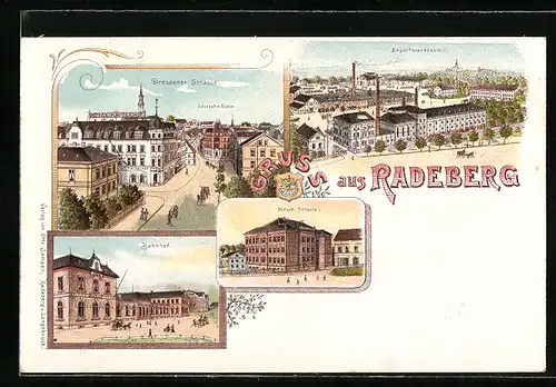 Lithographie Radeberg, Dresdner Strasse mit Gasthof Deutsche Eiche, Bahnhof, Neue Schule