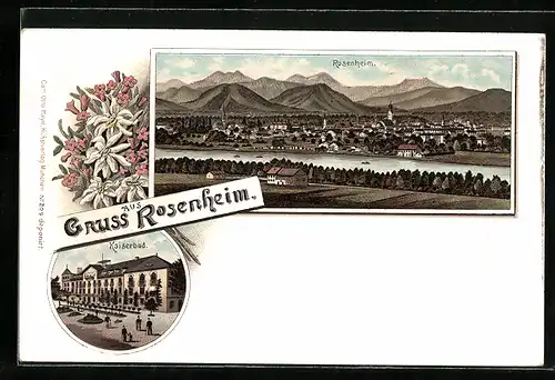Lithographie Rosenheim, Kaiserbad, Gesamtansicht, Edelweiss